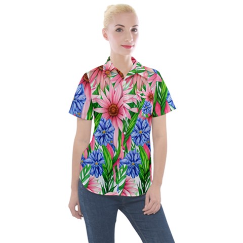 Exotic Tropical Flowers Women s Short Sleeve Pocket Shirt by GardenOfOphir