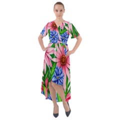 Exotic Tropical Flowers Front Wrap High Low Dress by GardenOfOphir