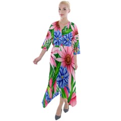 Exotic Tropical Flowers Quarter Sleeve Wrap Front Maxi Dress by GardenOfOphir