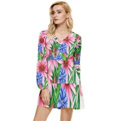 Exotic Tropical Flowers Tiered Long Sleeve Mini Dress by GardenOfOphir