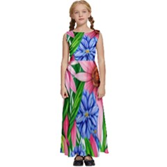 Exotic Tropical Flowers Kids  Satin Sleeveless Maxi Dress by GardenOfOphir