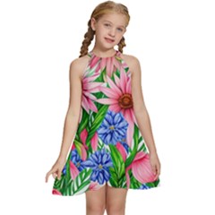 Exotic Tropical Flowers Kids  Halter Collar Waist Tie Chiffon Dress by GardenOfOphir