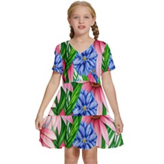 Exotic Tropical Flowers Kids  Short Sleeve Tiered Mini Dress by GardenOfOphir