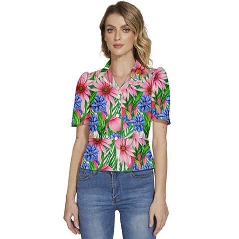 Exotic Tropical Flowers Puffed Short Sleeve Button Up Jacket by GardenOfOphir