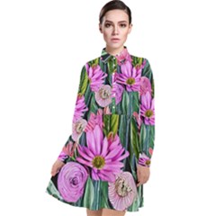 Floral Watercolor Long Sleeve Chiffon Shirt Dress by GardenOfOphir