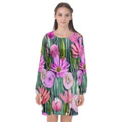 Floral Watercolor Long Sleeve Chiffon Shift Dress  by GardenOfOphir