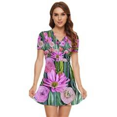 Floral Watercolor V-neck High Waist Chiffon Mini Dress