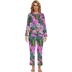 Floral Watercolor Womens  Long Sleeve Lightweight Pajamas Set