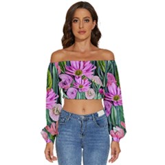 Floral Watercolor Long Sleeve Crinkled Weave Crop Top