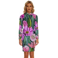 Floral Watercolor Long Sleeve Shirt Collar Bodycon Dress