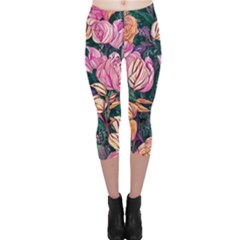 Retro Botanical Flowers Capri Leggings  by GardenOfOphir