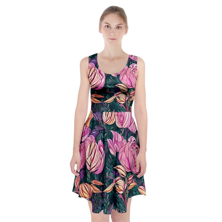 Retro Botanical Flowers Racerback Midi Dress