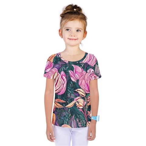 Retro Botanical Flowers Kids  One Piece Tee by GardenOfOphir