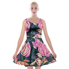 Retro Botanical Flowers Velvet Skater Dress by GardenOfOphir