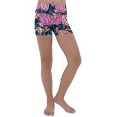 Retro Botanical Flowers Kids  Lightweight Velour Yoga Shorts by GardenOfOphir