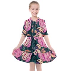 Retro Botanical Flowers Kids  All Frills Chiffon Dress