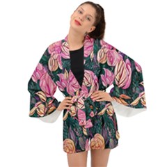 Retro Botanical Flowers Long Sleeve Kimono by GardenOfOphir