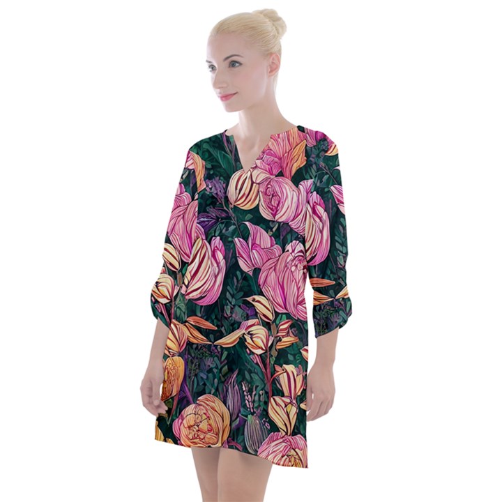 Retro Botanical Flowers Open Neck Shift Dress