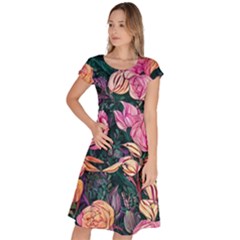 Retro Botanical Flowers Classic Short Sleeve Dress