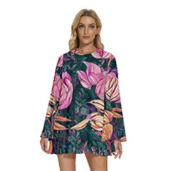 Retro Botanical Flowers Round Neck Long Sleeve Bohemian Style Chiffon Mini Dress