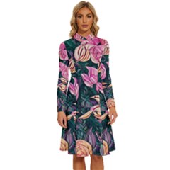 Retro Botanical Flowers Long Sleeve Shirt Collar A-line Dress