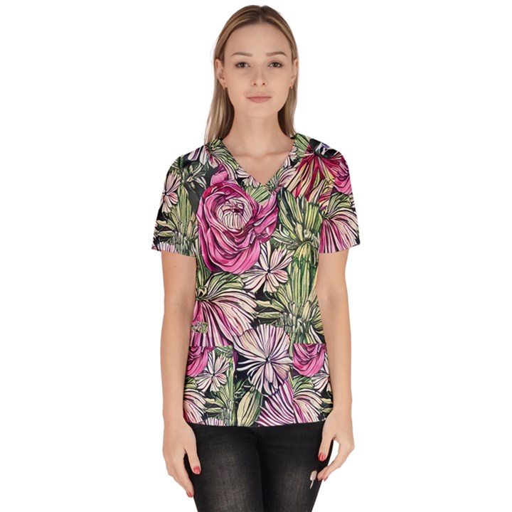 Summer Floral Women s V-Neck Scrub Top