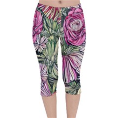 Summer Floral Velvet Capri Leggings  by GardenOfOphir