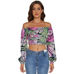 Summer Floral Long Sleeve Crinkled Weave Crop Top