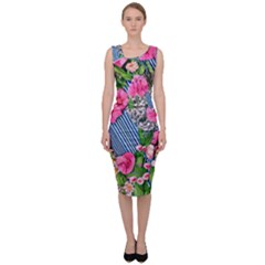 Vintage Botanical Flowers Sleeveless Pencil Dress