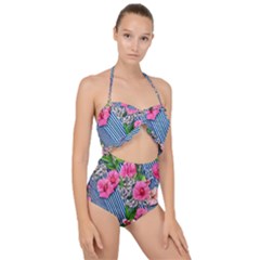 Vintage Botanical Flowers Scallop Top Cut Out Swimsuit