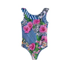 Vintage Botanical Flowers Kids  Frill Swimsuit