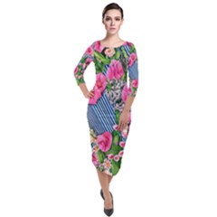 Vintage Botanical Flowers Quarter Sleeve Midi Velour Bodycon Dress