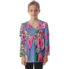 Vintage Botanical Flowers Kids  V Neck Casual Top