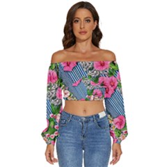 Vintage Botanical Flowers Long Sleeve Crinkled Weave Crop Top