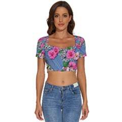 Vintage Botanical Flowers Short Sleeve Square Neckline Crop Top 