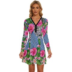 Vintage Botanical Flowers Long Sleeve Deep V Mini Dress 