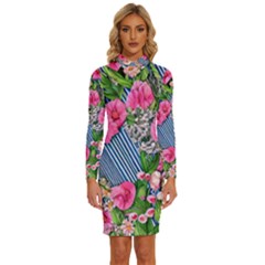 Vintage Botanical Flowers Long Sleeve Shirt Collar Bodycon Dress