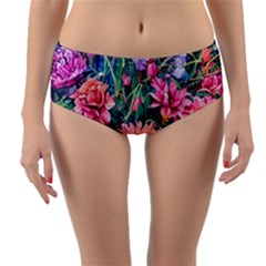 Retro Floral Reversible Mid-waist Bikini Bottoms by GardenOfOphir