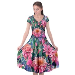 Retro Floral Cap Sleeve Wrap Front Dress by GardenOfOphir