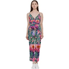 Retro Floral V-neck Spaghetti Strap Tie Front Jumpsuit by GardenOfOphir