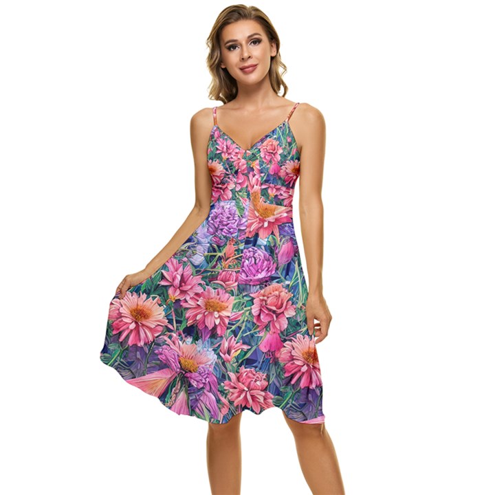 Retro Floral Sleeveless Tie Front Chiffon Dress