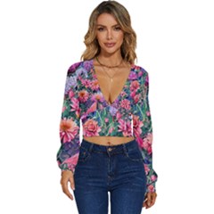 Retro Floral Long Sleeve Deep-v Velour Top