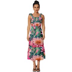 Retro Floral Tie-strap Tiered Midi Chiffon Dress