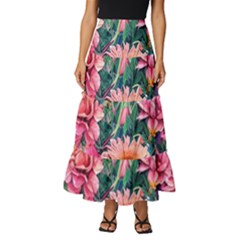 Retro Floral Tiered Ruffle Maxi Skirt