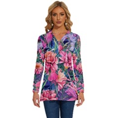 Retro Floral Long Sleeve Drawstring Hooded Top