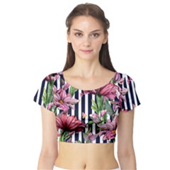 Tropical Botanical Flowers In Watercolor Short Sleeve Crop Top by GardenOfOphir