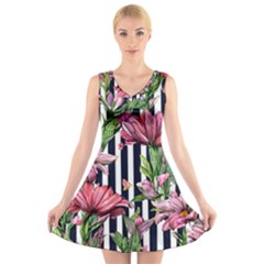 Tropical Botanical Flowers In Watercolor V-neck Sleeveless Dress by GardenOfOphir