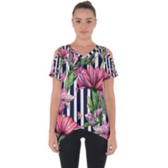 Tropical Botanical Flowers In Watercolor Cut Out Side Drop Tee by GardenOfOphir