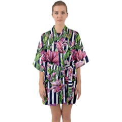 Tropical Botanical Flowers In Watercolor Half Sleeve Satin Kimono  by GardenOfOphir