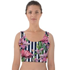 Tropical Botanical Flowers In Watercolor Velvet Crop Top by GardenOfOphir